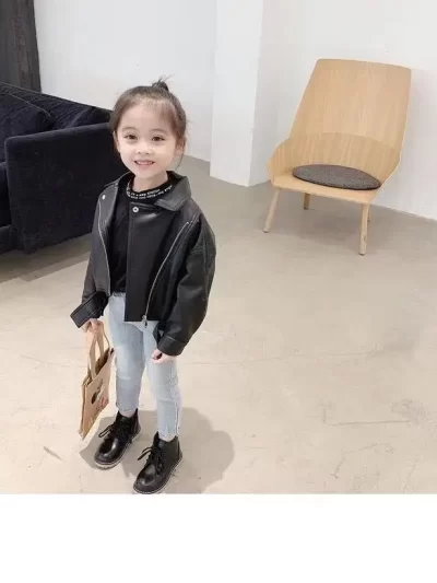 Girls Lapel Faux Leather Jacket