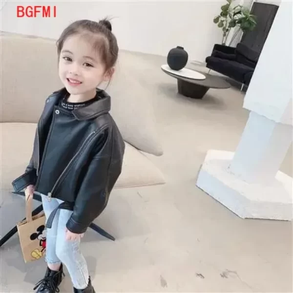Girls Lapel Faux Leather Jacket - Image 2
