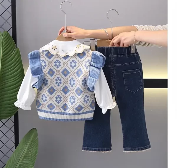 Girl's Lapel Cotton Shirt/Vest/Jeans Set - Image 5