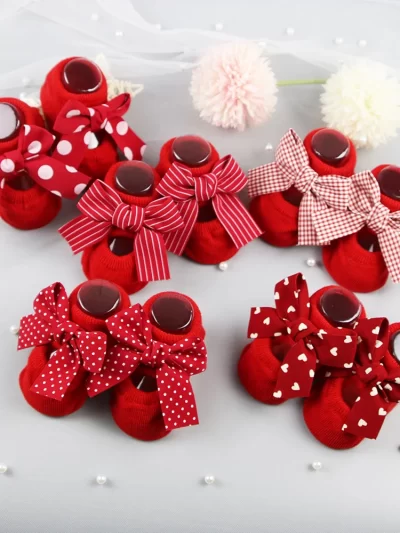 Cute Girl Princess Bow Socks Boat Red