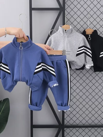Kid's Striped Zipper Jackets + Pants Set 2Pcs