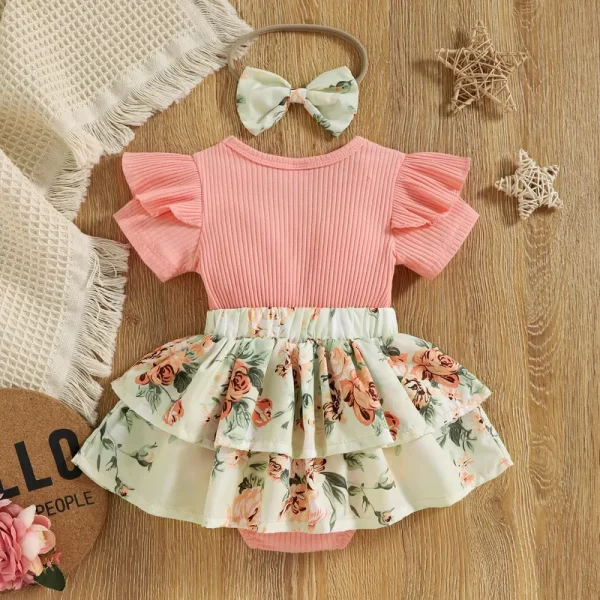 Newborn Baby Girls Bodysuit with Headband Summer Clothes - Image 3