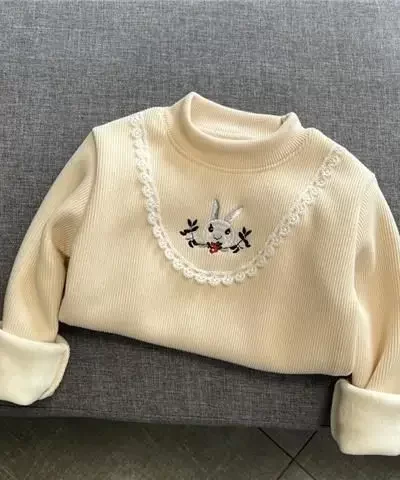 Baby Girls Long Sleeved T-shirt Kids Thick Tops Cartoon Print Pullover 2023 Fall Winter 1 To 6Yrs Children's Warm Fleece Clothes