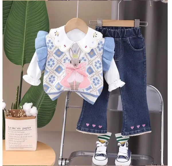 Girl's Lapel Cotton Shirt/Vest/Jeans Set - Image 8