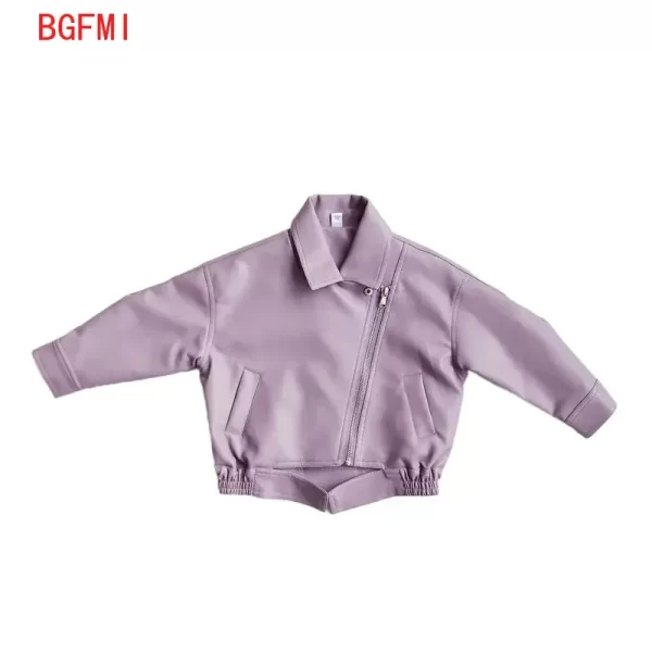 Girls Lapel Faux Leather Jacket - Image 5