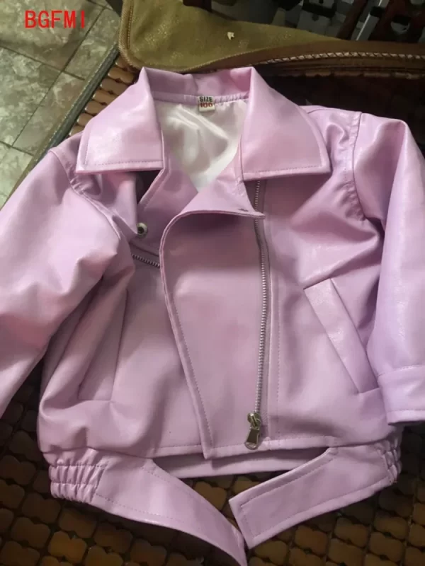 Girls Lapel Faux Leather Jacket - Image 7