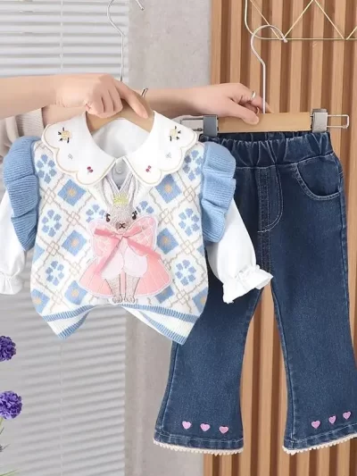 Girl's Lapel Cotton Shirt/Vest/Jeans Set