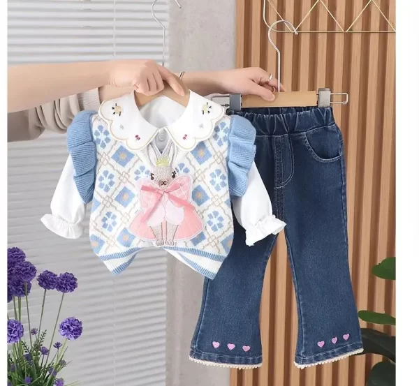 Girl's Lapel Cotton Shirt/Vest/Jeans Set