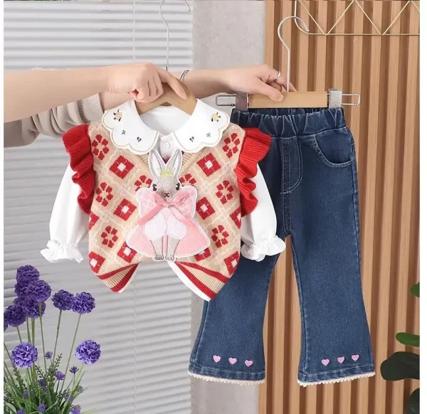 Girl's Lapel Cotton Shirt/Vest/Jeans Set - Image 7