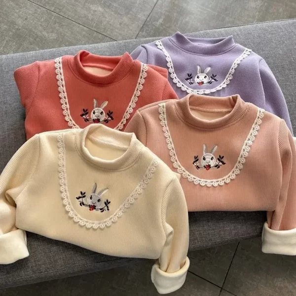 Baby Girls Long Sleeved T-shirt Kids Thick Tops Cartoon Print Pullover 2023 Fall Winter 1 To 6Yrs Children's Warm Fleece Clothes - Image 2