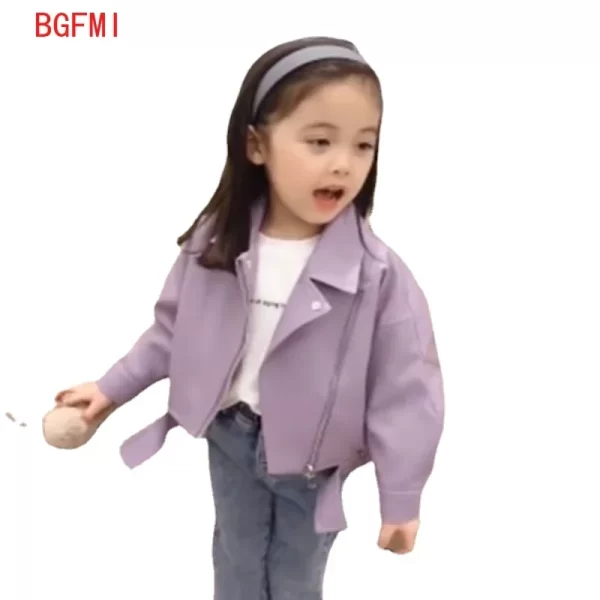 Girls Lapel Faux Leather Jacket - Image 3