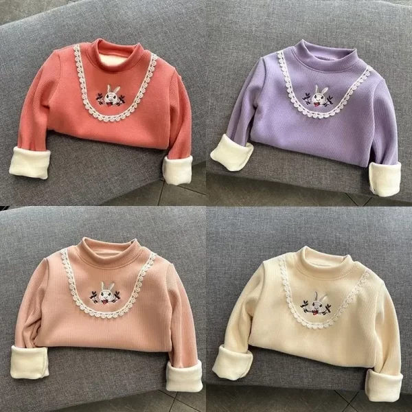 Baby Girls Long Sleeved T-shirt Kids Thick Tops Cartoon Print Pullover 2023 Fall Winter 1 To 6Yrs Children's Warm Fleece Clothes - Image 3