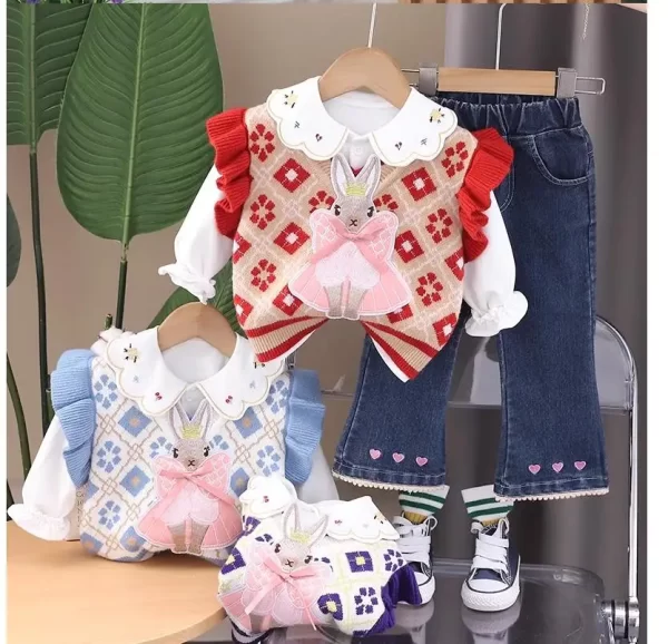 Girl's Lapel Cotton Shirt/Vest/Jeans Set - Image 4