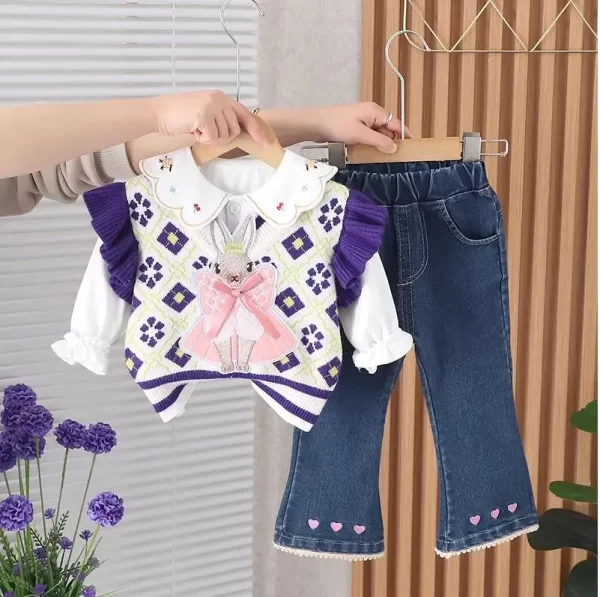 Girl's Lapel Cotton Shirt/Vest/Jeans Set - Image 3