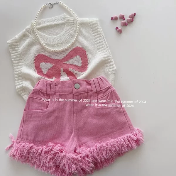 Summer Girls' Tassel Denim Shorts - Image 4
