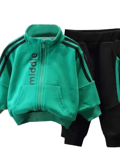 Boys Striped Zipper Jackets + Pants Sport Suit