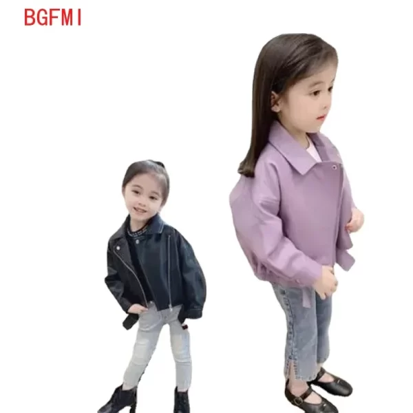 Girls Lapel Faux Leather Jacket - Image 4