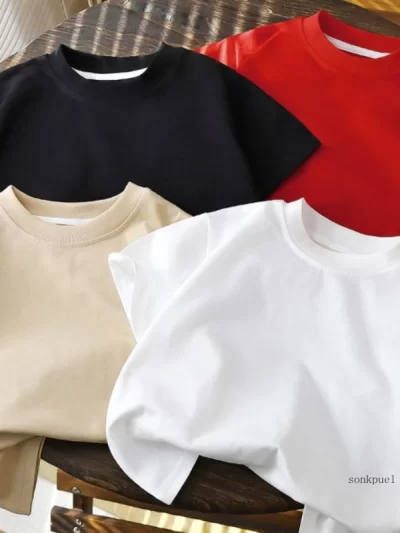 Children's Cotton Short Sleeve T-shirt - White, Red, Black, Tan