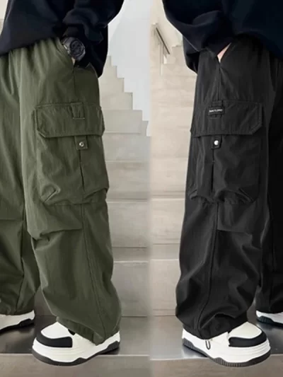 Boys Cargo Pants Children Spring Casual Trousers Children Autumn Straight Loose Pants Teenager Solid Color Wide-leg Clothing