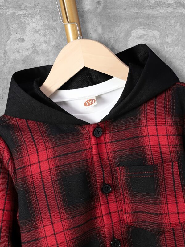 Boys' 2pcs Set, Casual Plaid Long Sleeve Hooded Shirt with Pockets & Elastic Waist Ribbed Pants, Polyester 100%, Non-Stretch, Regular Fit, Spring/Fall Outfit for Kids, for Outdoor - Image 10