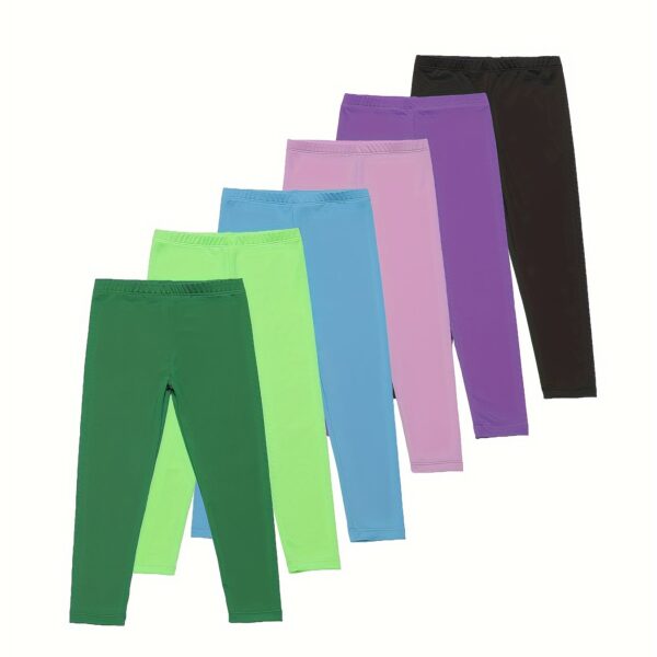 6-Pack Girls' Solid Color Sports Leggings, 92% Polyester 8% Spandex, Medium Stretch Skinny Fit Knit Fabric Pants for Spring/Summer - Image 14