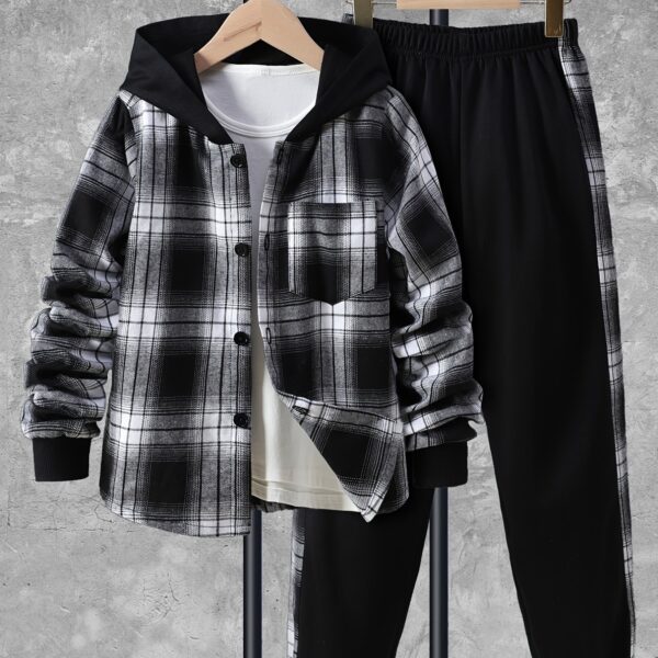 Boys' 2pcs Set, Casual Plaid Long Sleeve Hooded Shirt with Pockets & Elastic Waist Ribbed Pants, Polyester 100%, Non-Stretch, Regular Fit, Spring/Fall Outfit for Kids, for Outdoor - Image 11