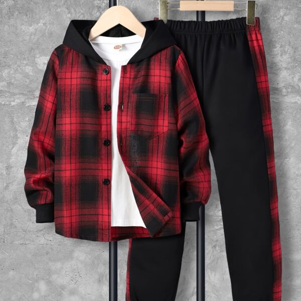Boys' 2pcs Set, Casual Plaid Long Sleeve Hooded Shirt with Pockets & Elastic Waist Ribbed Pants, Polyester 100%, Non-Stretch, Regular Fit, Spring/Fall Outfit for Kids, for Outdoor - Image 12