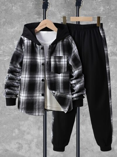 Boys' 2pcs Set, Casual Plaid Long Sleeve Hooded Shirt with Pockets & Elastic Waist Ribbed Pants, Polyester 100%, Non-Stretch, Regular Fit, Spring/Fall Outfit for Kids, for Outdoor