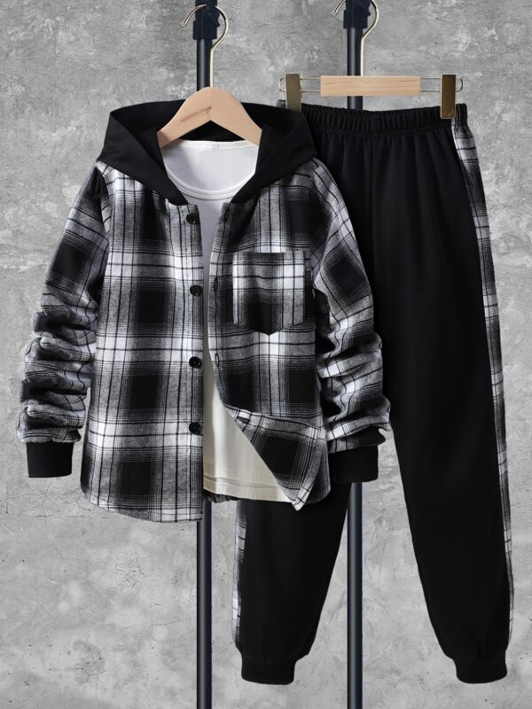 Boys' 2pcs Set, Casual Plaid Long Sleeve Hooded Shirt with Pockets & Elastic Waist Ribbed Pants, Polyester 100%, Non-Stretch, Regular Fit, Spring/Fall Outfit for Kids, for Outdoor