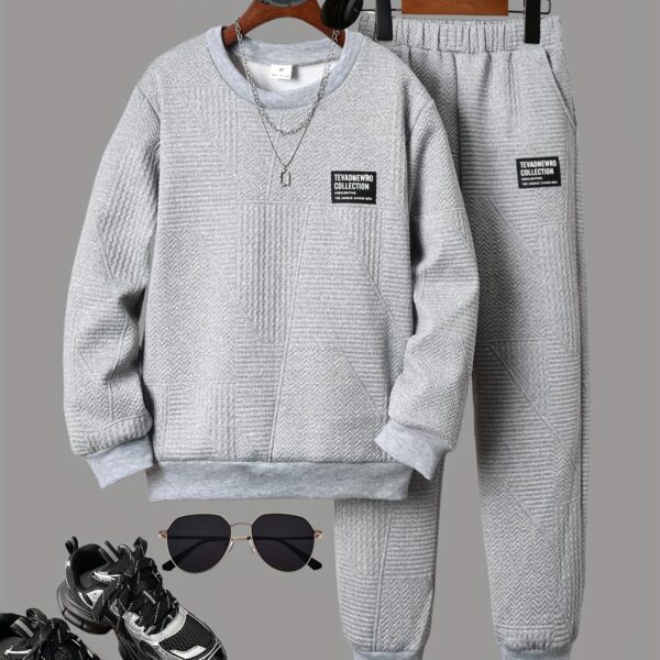 [Trendy Boy's Outfit] 2pcs Trendy Jacquard Crew Neck Boy's Outfit | Sweatshirt & Pants Set, Fall Winter Daily & Outdoor Wear - Image 9
