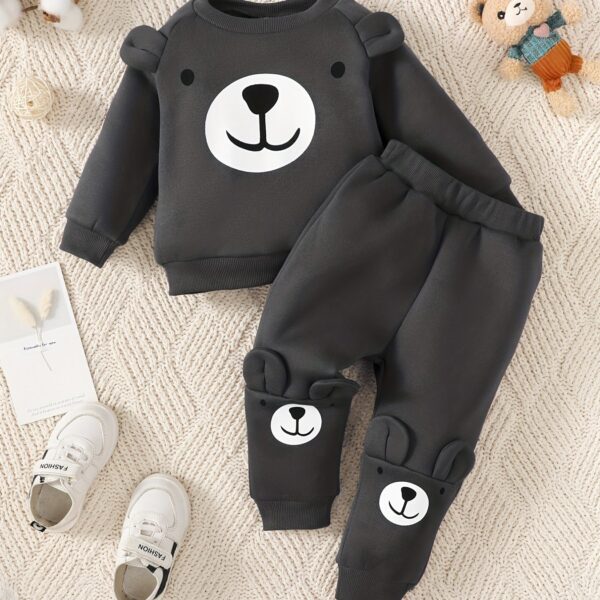 2pcs Baby Casual Cute Warm Fleece Outfits, Bear Pattern Round Neck Long Sleeve Sweatshirt & Bear Print Pants Outdoor Set For Autumn And Winter - Image 15