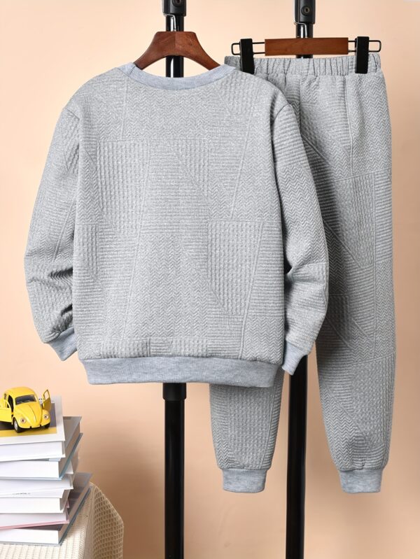 [Trendy Boy's Outfit] 2pcs Trendy Jacquard Crew Neck Boy's Outfit | Sweatshirt & Pants Set, Fall Winter Daily & Outdoor Wear - Image 2