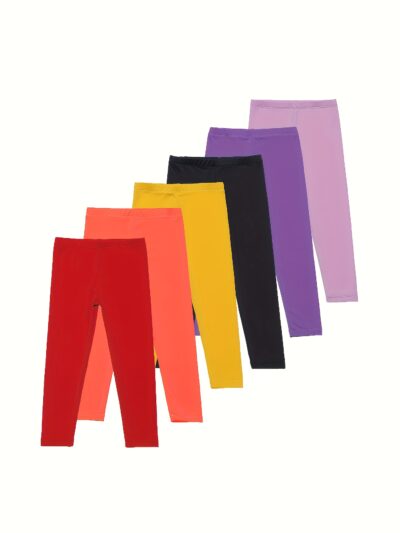 6-Pack Girls' Solid Color Sports Leggings, 92% Polyester 8% Spandex, Medium Stretch Skinny Fit Knit Fabric Pants for Spring/Summer