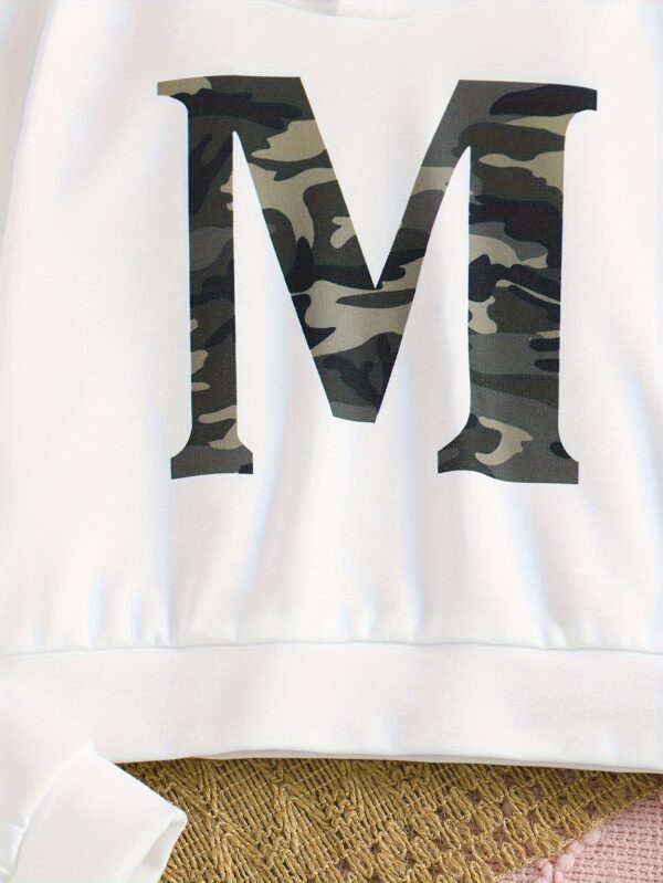 Spring and Autumn Casual Outing Hooded Long Sleeve Printed Letter Pattern Top and Camouflage Pants Girls' Two-Piece Set, Perfect for Outdoor - Image 4