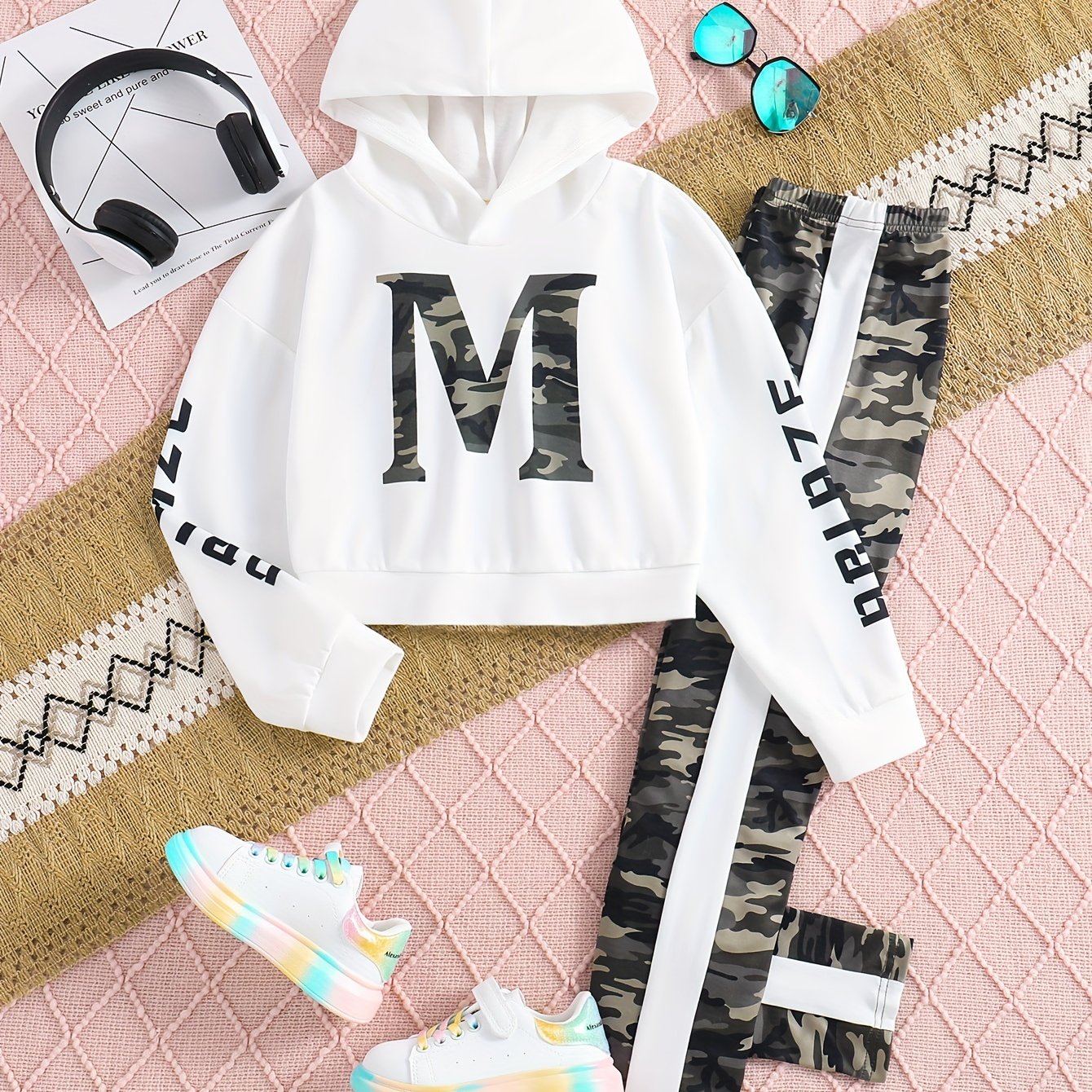 Spring and Autumn Casual Outing Hooded Long Sleeve Printed Letter Pattern Top and Camouflage Pants Girls' Two-Piece Set, Perfect for Outdoor - Image 8