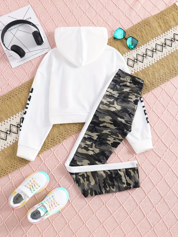 Spring and Autumn Casual Outing Hooded Long Sleeve Printed Letter Pattern Top and Camouflage Pants Girls' Two-Piece Set, Perfect for Outdoor - Image 2
