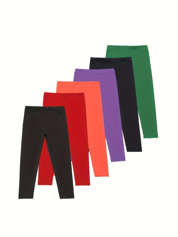6-Pack Girls' Solid Color Sports Leggings, 92% Polyester 8% Spandex, Medium Stretch Skinny Fit Knit Fabric Pants for Spring/Summer - Image 3