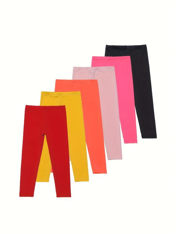 6-Pack Girls' Solid Color Sports Leggings, 92% Polyester 8% Spandex, Medium Stretch Skinny Fit Knit Fabric Pants for Spring/Summer - Image 2
