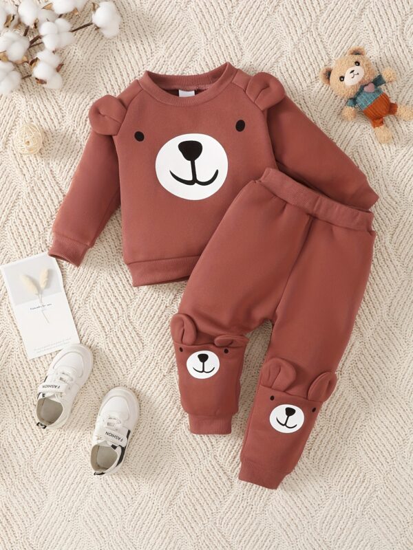 2pcs Baby Casual Cute Warm Fleece Outfits, Bear Pattern Round Neck Long Sleeve Sweatshirt & Bear Print Pants Outdoor Set For Autumn And Winter - Image 2