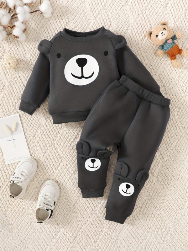2pcs Baby Casual Cute Warm Fleece Outfits, Bear Pattern Round Neck Long Sleeve Sweatshirt & Bear Print Pants Outdoor Set For Autumn And Winter - Image 3