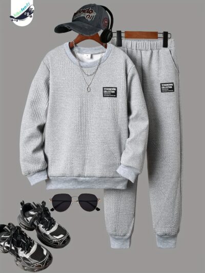 [Trendy Boy's Outfit] 2pcs Trendy Jacquard Crew Neck Boy's Outfit | Sweatshirt & Pants Set, Fall Winter Daily & Outdoor Wear