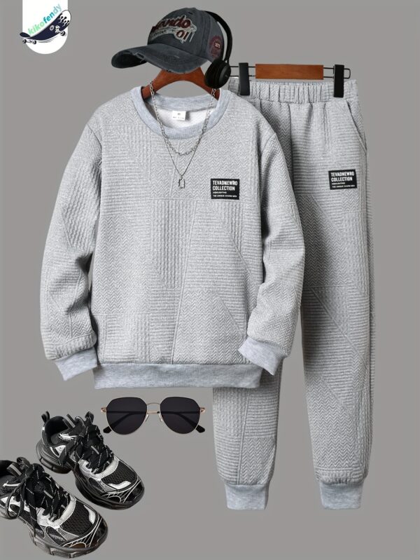 [Trendy Boy's Outfit] 2pcs Trendy Jacquard Crew Neck Boy's Outfit | Sweatshirt & Pants Set, Fall Winter Daily & Outdoor Wear