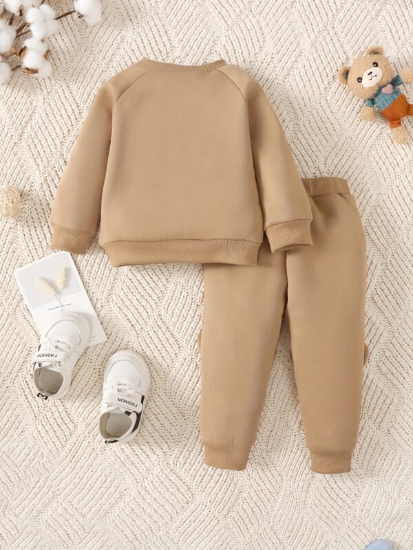 2pcs Baby Casual Cute Warm Fleece Outfits, Bear Pattern Round Neck Long Sleeve Sweatshirt & Bear Print Pants Outdoor Set For Autumn And Winter - Image 8