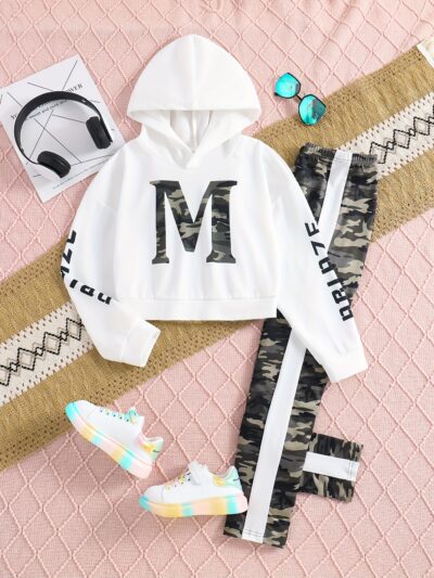 Spring and Autumn Casual Outing Hooded Long Sleeve Printed Letter Pattern Top and Camouflage Pants Girls' Two-Piece Set, Perfect for Outdoor