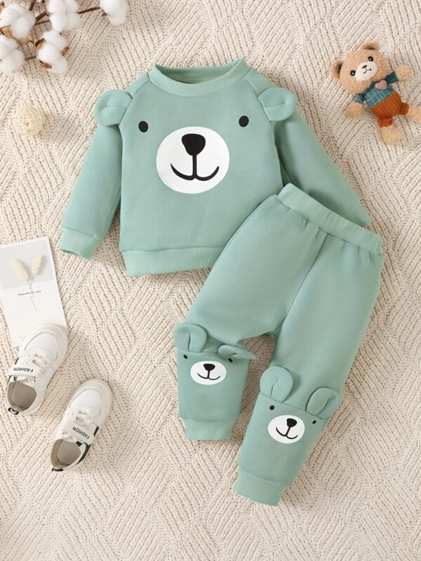 2pcs Baby Casual Cute Warm Fleece Outfits, Bear Pattern Round Neck Long Sleeve Sweatshirt & Bear Print Pants Outdoor Set For Autumn And Winter - Image 5
