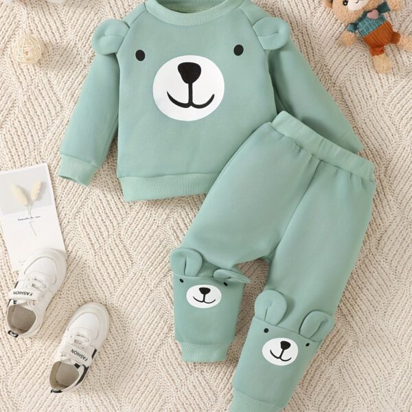 2pcs Baby Casual Cute Warm Fleece Outfits, Bear Pattern Round Neck Long Sleeve Sweatshirt & Bear Print Pants Outdoor Set For Autumn And Winter - Image 12