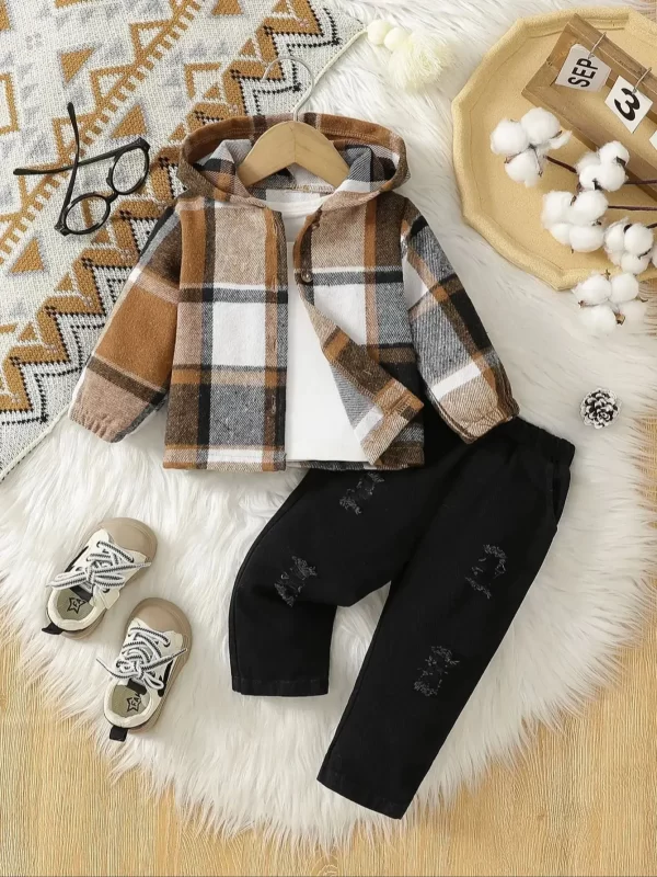 Baby boy autumn outfit casual style striped hooded jacket with ripped pants two-piece set for daily street wear - Image 7