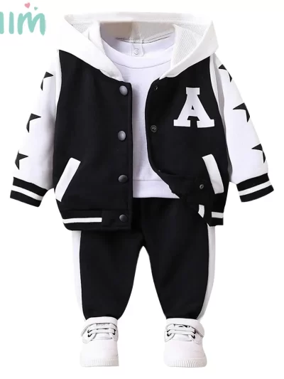 Baby Boy Girl Fashion Cool Outfit Long Sleeve Hooded Baseball Jacket with Sweatpants Casual Sports Set for Daily School Wear