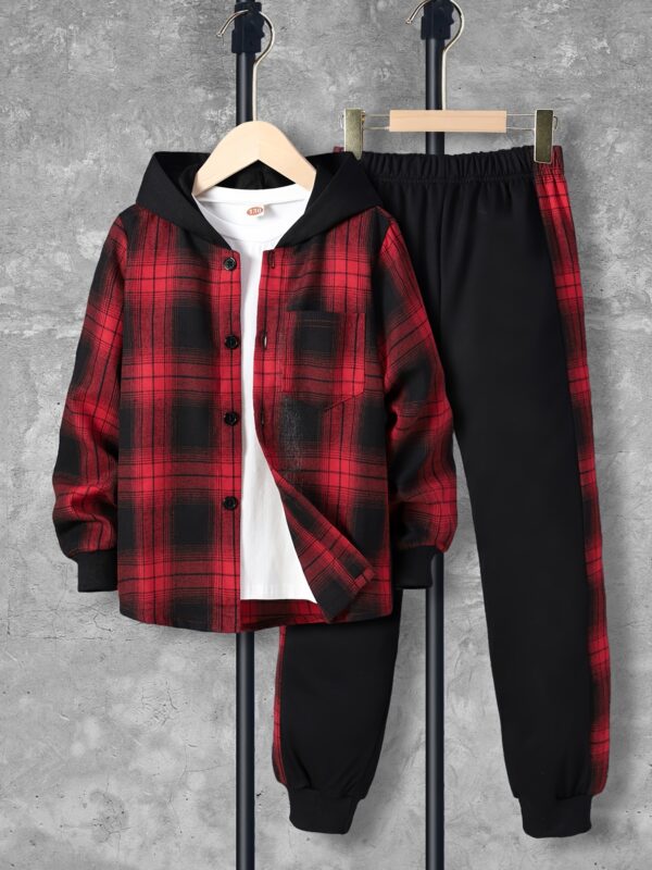 Boys' 2pcs Set, Casual Plaid Long Sleeve Hooded Shirt with Pockets & Elastic Waist Ribbed Pants, Polyester 100%, Non-Stretch, Regular Fit, Spring/Fall Outfit for Kids, for Outdoor - Image 2