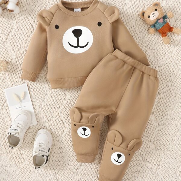 2pcs Baby Casual Cute Warm Fleece Outfits, Bear Pattern Round Neck Long Sleeve Sweatshirt & Bear Print Pants Outdoor Set For Autumn And Winter - Image 11